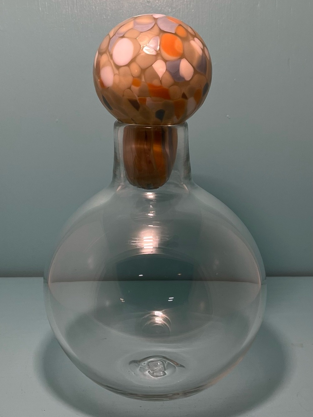 Misette Hand-Blown Round Body Glass Decanter with Colorful Art Glass Stopper NEW